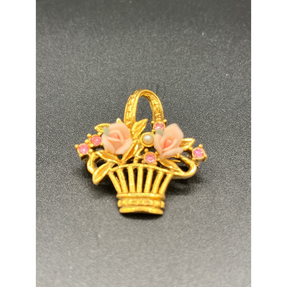 Vintage Gold Tone Flower Basket Brooch‎ Pin with Pink Roses and Rhinestones